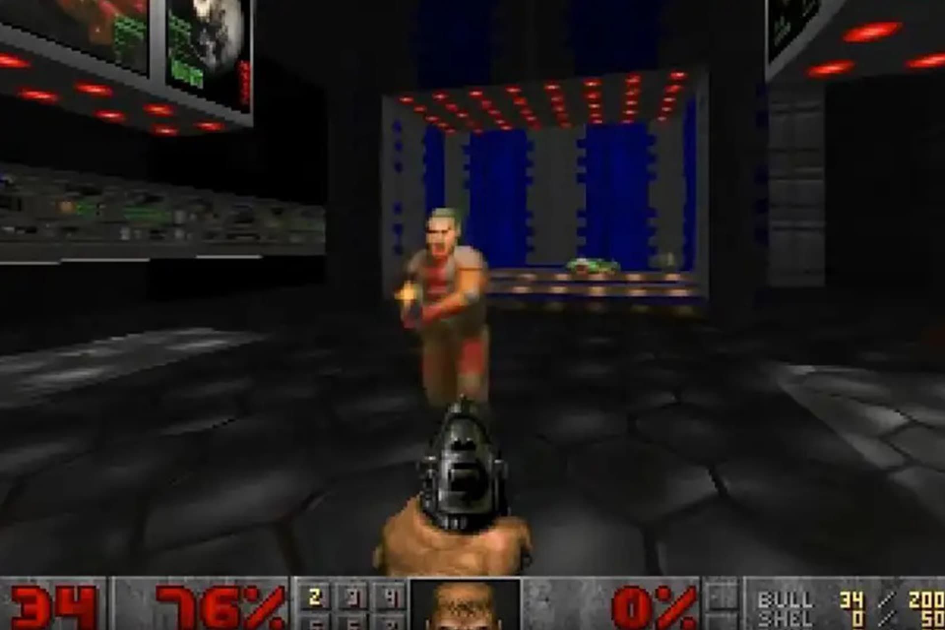 تصویری از یک اسلحه در بازی DOOM 1993 که در حال شلیک به یک مرد است.